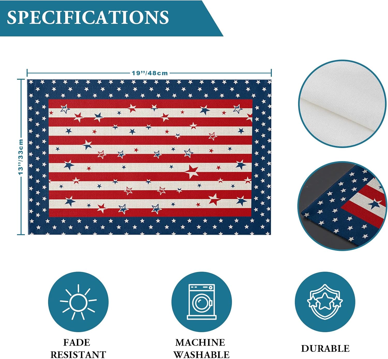 4th of July Placemats for Dining Table Set of 6 Red Blue Stripes Stars Place Mats American Flag Independence Day Tablemats July 4th Place Mats for Memorial Day Holiday Kitchen Dinner Party Decor