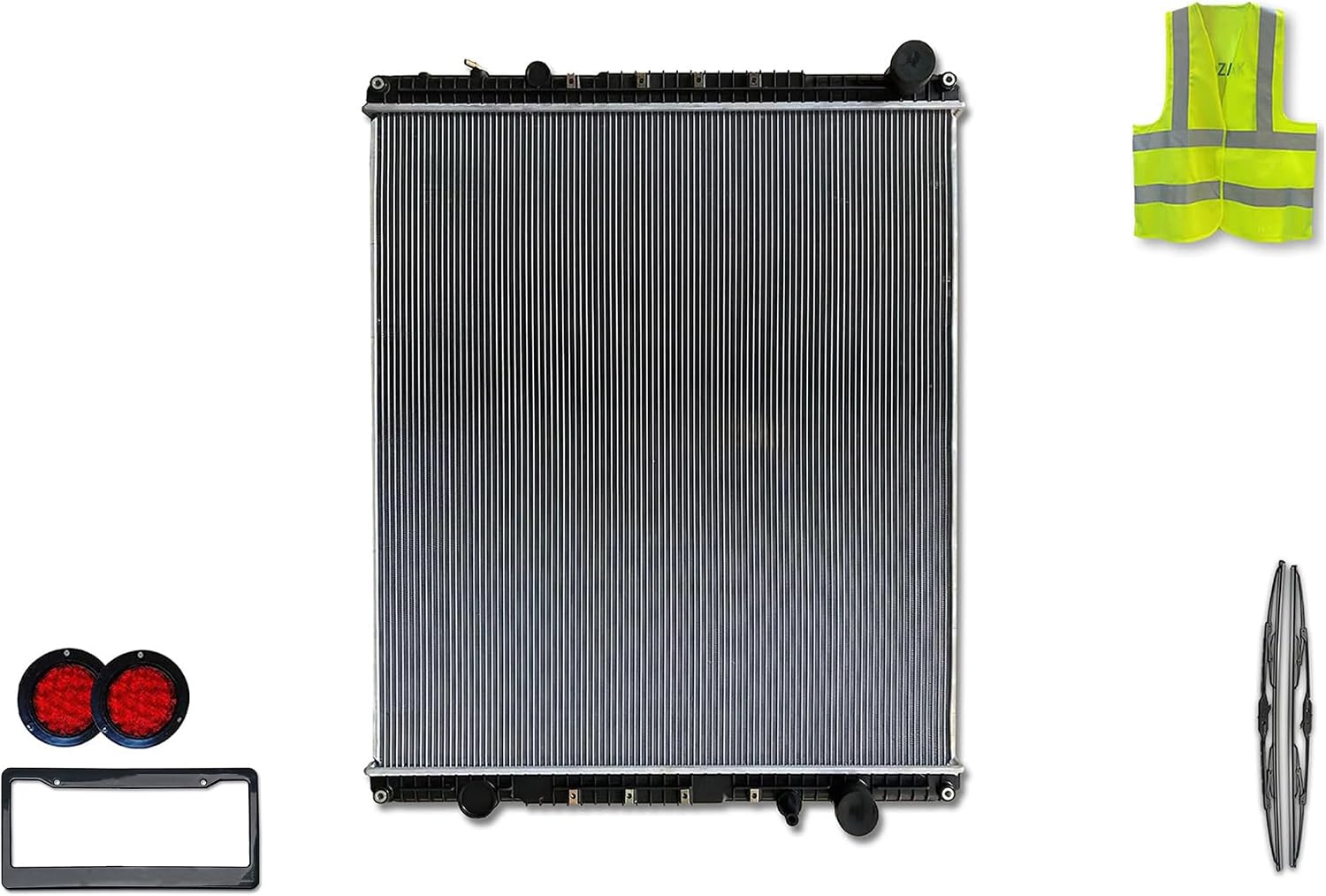 KOZAK Radiator (05-29617-005) Compatible with Freightliner Cascadia 2008-2013; Century, Columbia 2008-2011; PLUS Logo, Wipers, License Plate Frame, 2x Trailer Tail Lights and Vest