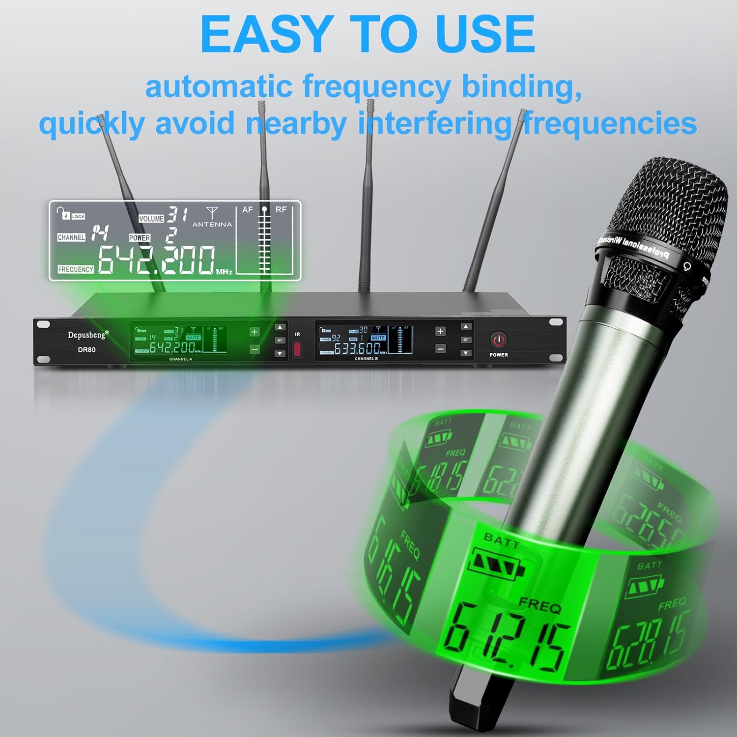 Image demonstrating the easy-to-use automatic frequency binding process, showing the receiver and a microphone with frequency display.