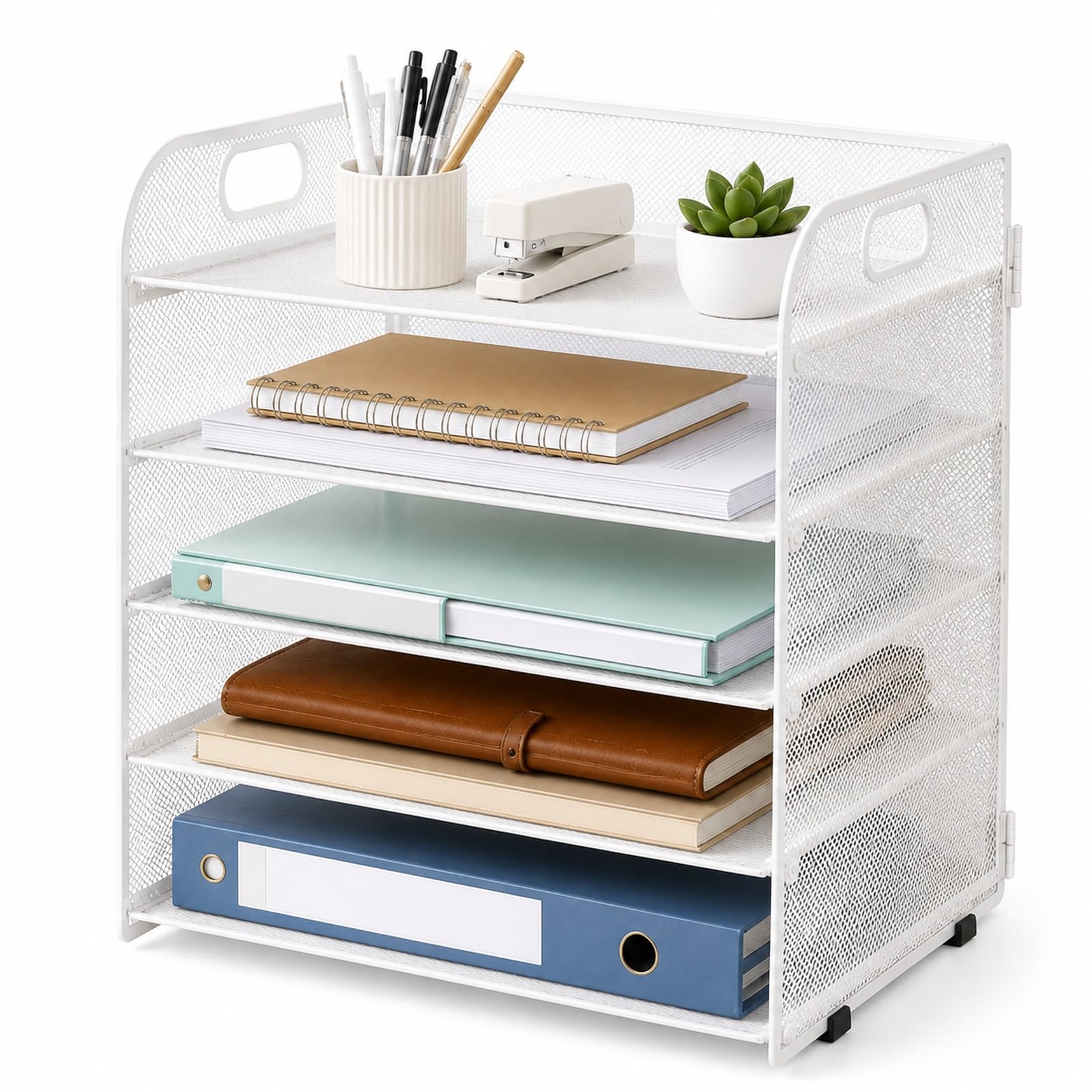 GOOGO 5-Tier Desk Organiser Letter Tray, Metal Desk File Organiser 32.8 x 24.9 x 34.5 cm, A4 Paper Sorter and Document Holder for Office, Home Study, School and Reception Desk (White)