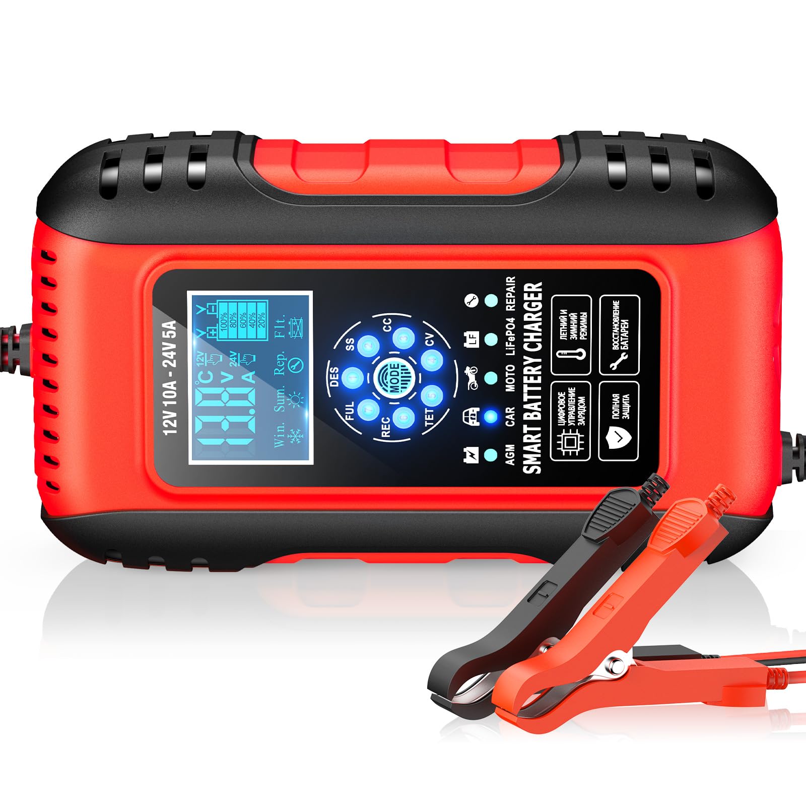 12V/24V 10A Chargeur Batterie Lithium, Chargeur Batterie Voitures avec Écran Tactile, 11 Protections Charge&Fonction Réparation, Sécurité Enfant pour Voiture Moto Camion, AGM, Gel, Wet, LiFePO4