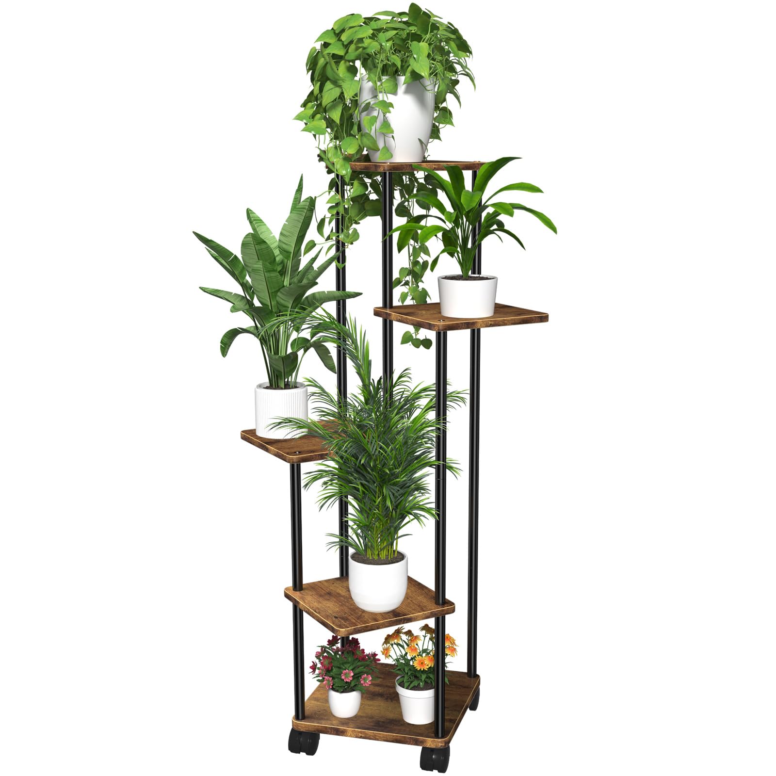 Porta Piante 5 Livelli In Metallo E Legno - Scaffale Multiuso Per Interni/Esterni, Balcone E Giardino, Nero