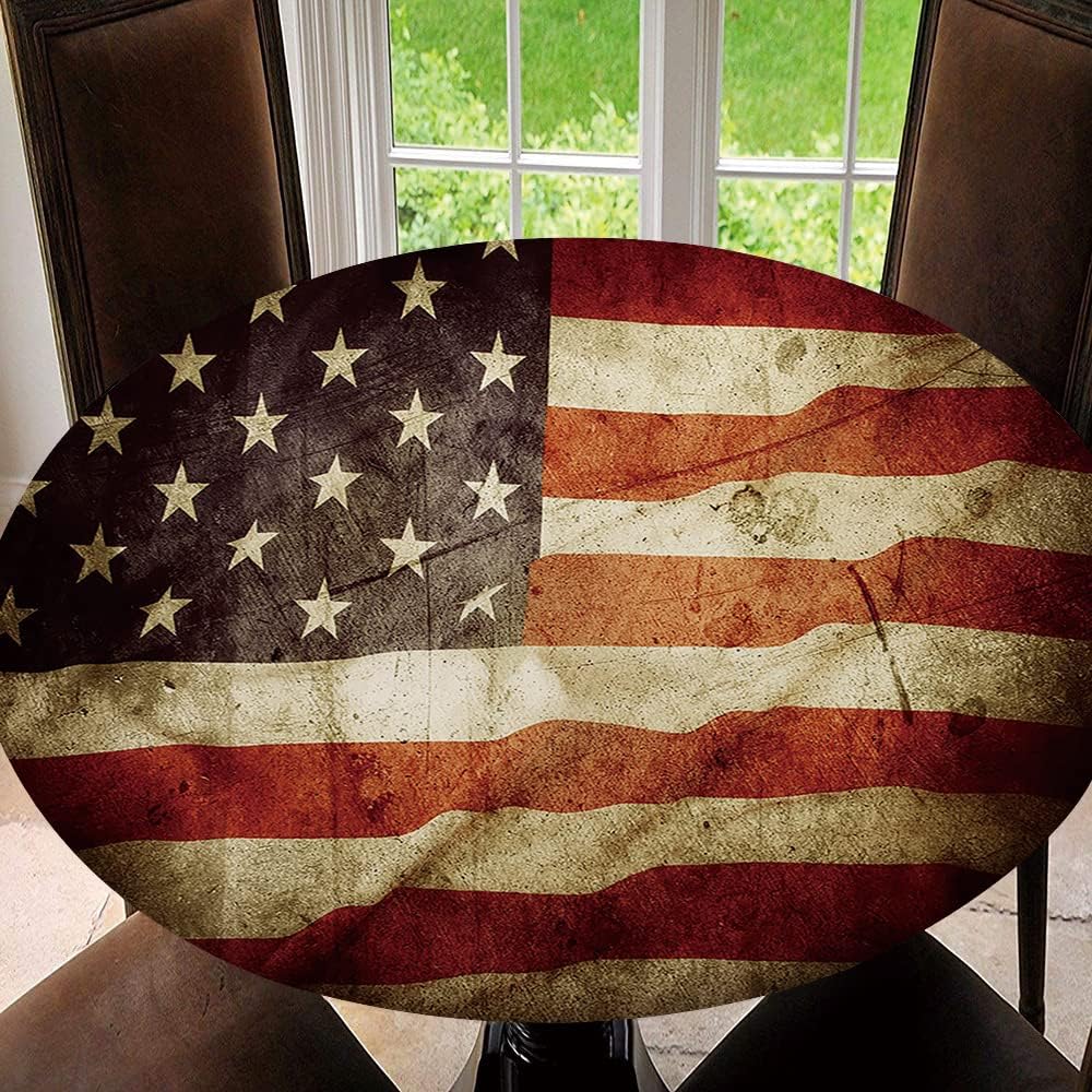 American Flag Round Fitted Tablecloth, 4th of July Flag on Wood Grain Background Elastic Edged Table Cover, Picnic, Patio, Party Decor Present, Tablecloth Size 60"(Fit for 48.2"-52.1" Table), Type 13