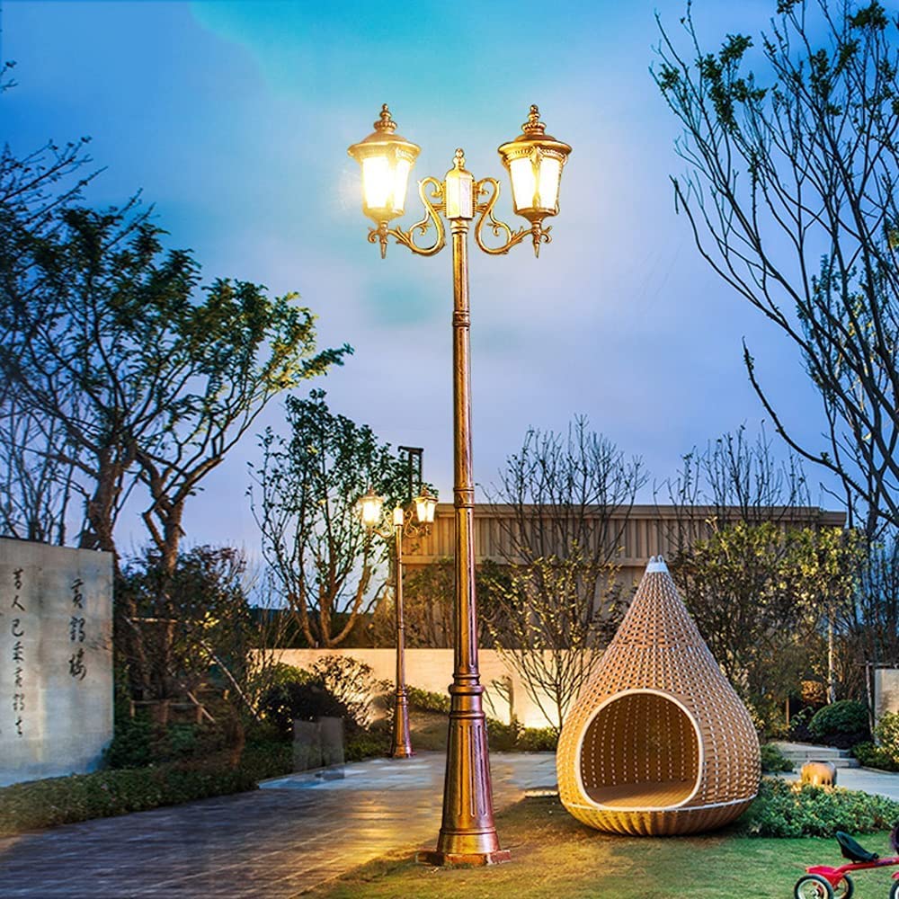 Farola Exterior de Estilo Retro Europeo, de 2 Luces, con Poste Alto de Cristal, para jardín, Impermeable, de Aluminio, para Patio, con Casquillo E27, para Villa o Terreno,235CM