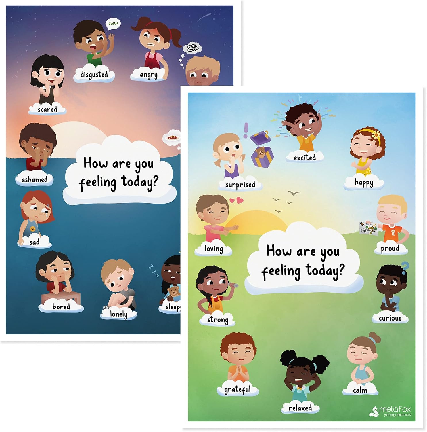 metaFox - Feelings Chart For Kids, Educational Posters Of Emotion Chart For Kids, Emotions Posters For Classroom, Office, Therapy, and Coaching, A3 Posters, Set of 2