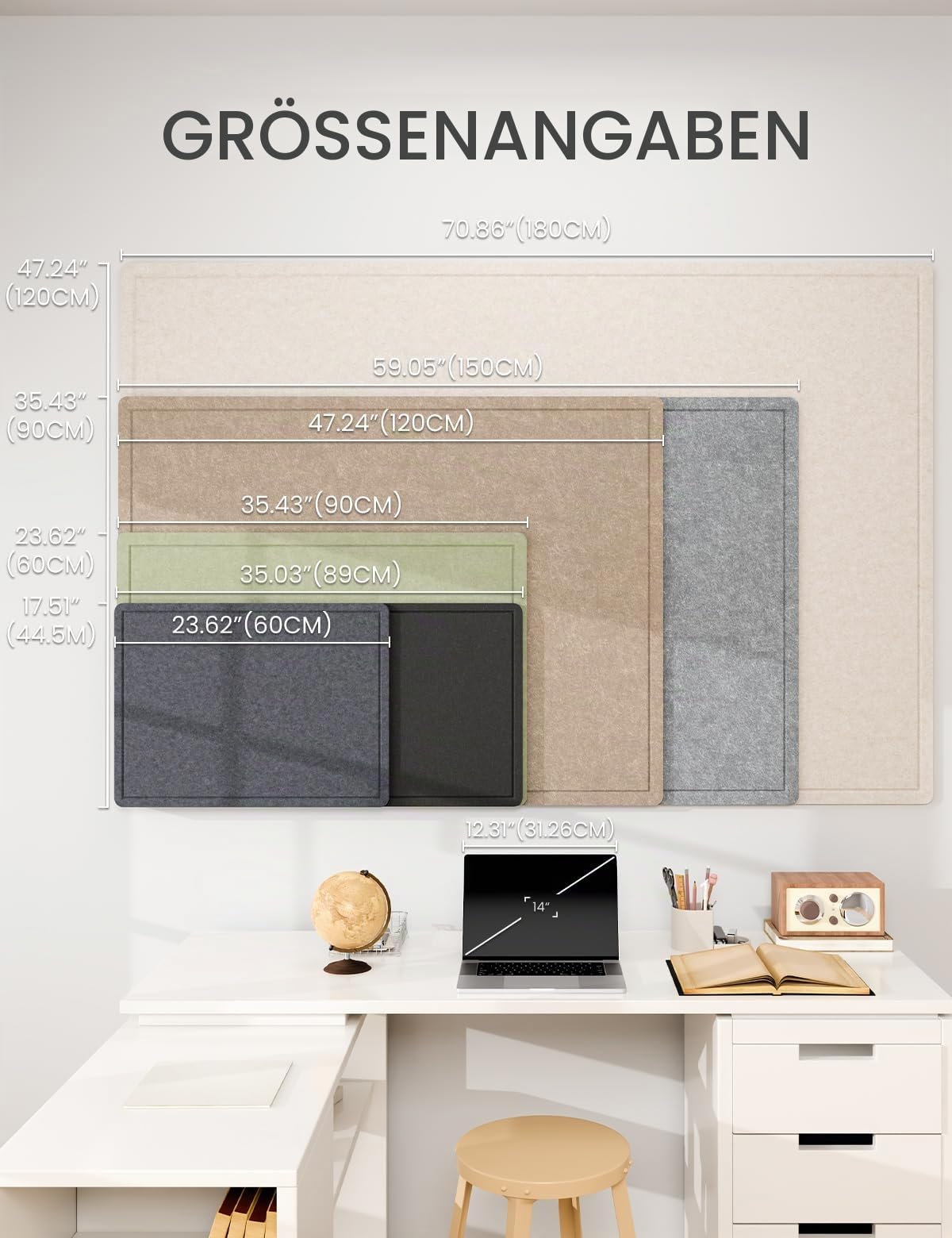 Fluxynara Filz Pinnwand 90 x 60 cm, Korktafel-Alternative mit 12 abnehmbaren Klebepads, faltbares Filz-Memoboard, Visionboard & Fotowand für Büro, Homeoffice, Kinderzimmer & Flur — Schwarz