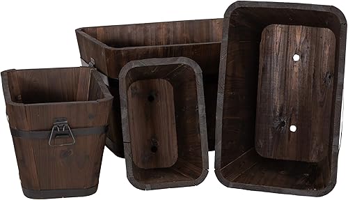Miniatura 6 de Leisure Season BREP109 - Macetas rectangulares de madera estilo barril, color marrón oscuro, juego de 4 unidades, madera de cedro y ciprés, jardín