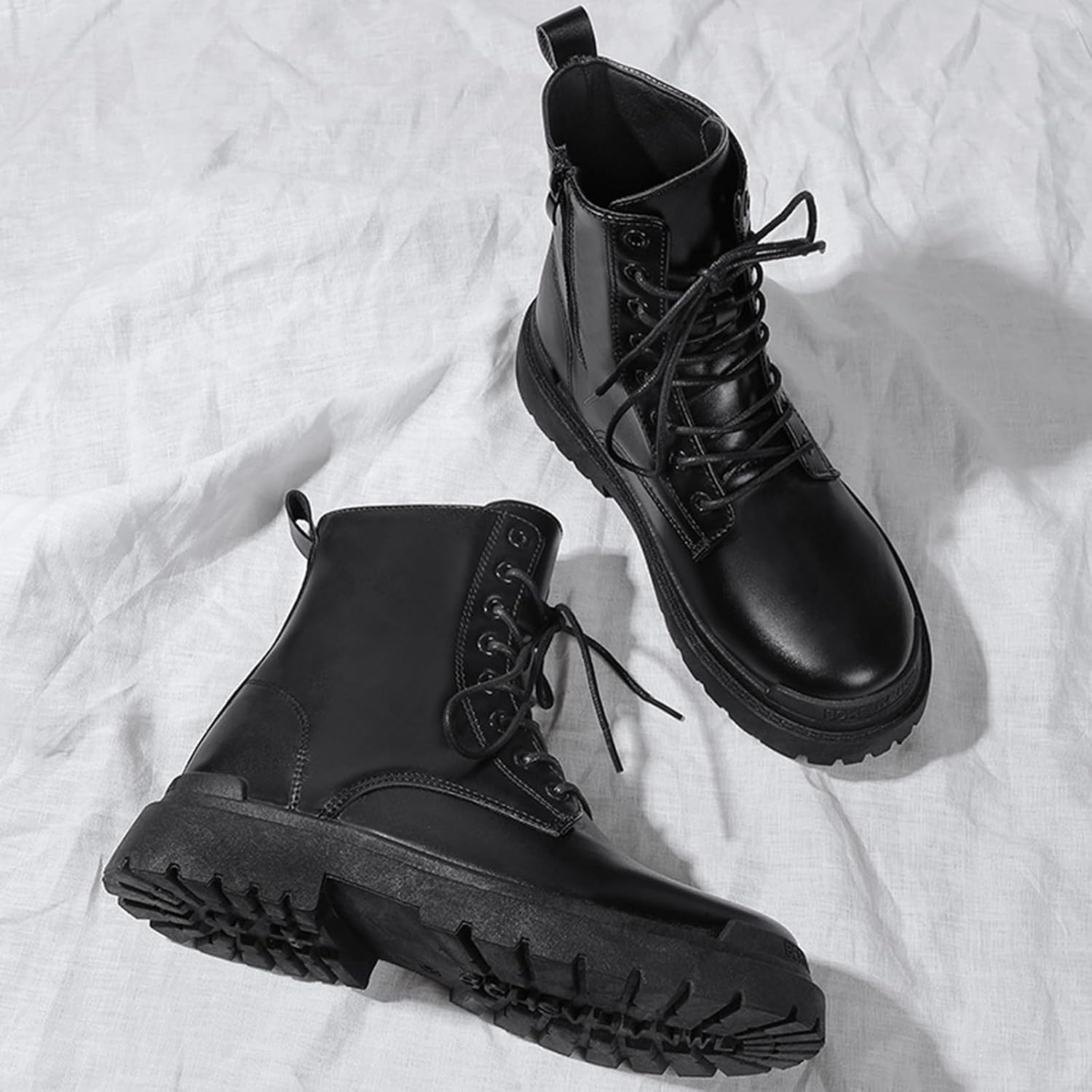 Mens Patent Leather Combat Boots Platform Comfort Side Zipper Round Toe Lace Up Chunky Heel Motorcycle Booties Non Slip High Top Dress Black Boots