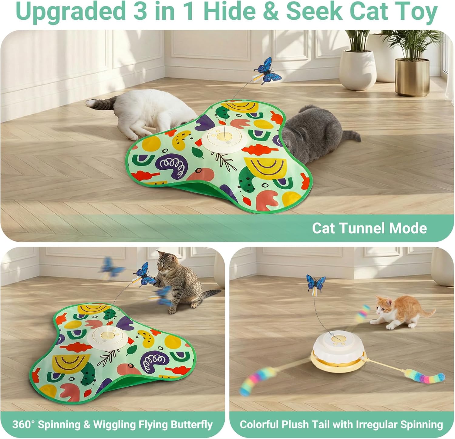 Interactive Cat Toy for Indoor Cats, Rechargeable Touch Activated Kitten Toy with Dual Motion Butterfly & Feather Tail, 3 Speed Automatic Smart Play for Exercise & Boredom Relief