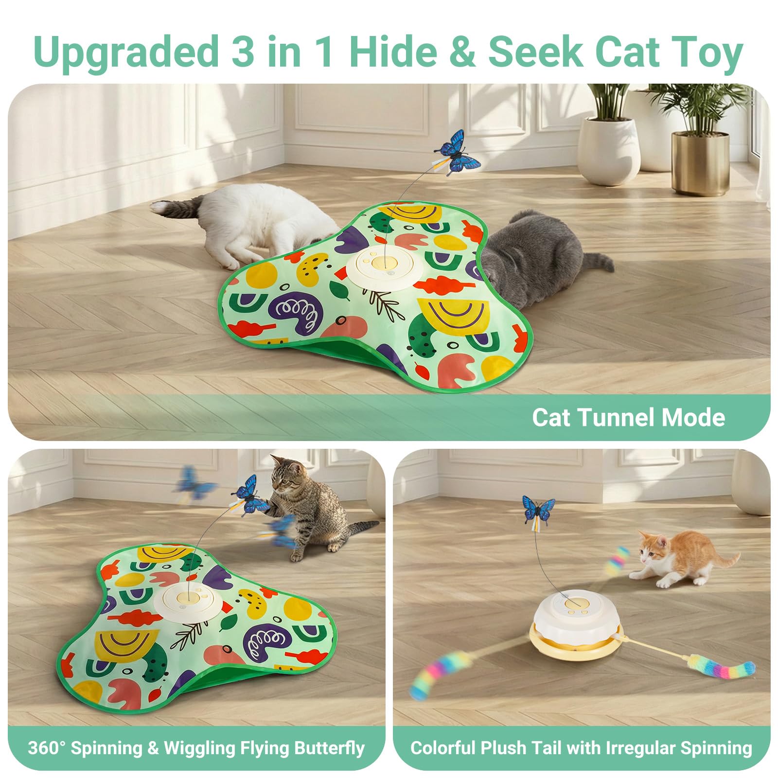 Interactive Cat Toy for Indoor Cats, Recargable Touch Activated Kitten Toy with Dual Motion Butterfly & Feather Tail, 3 Speed Automatic Smart Play for Ejercise & Boredom Relief