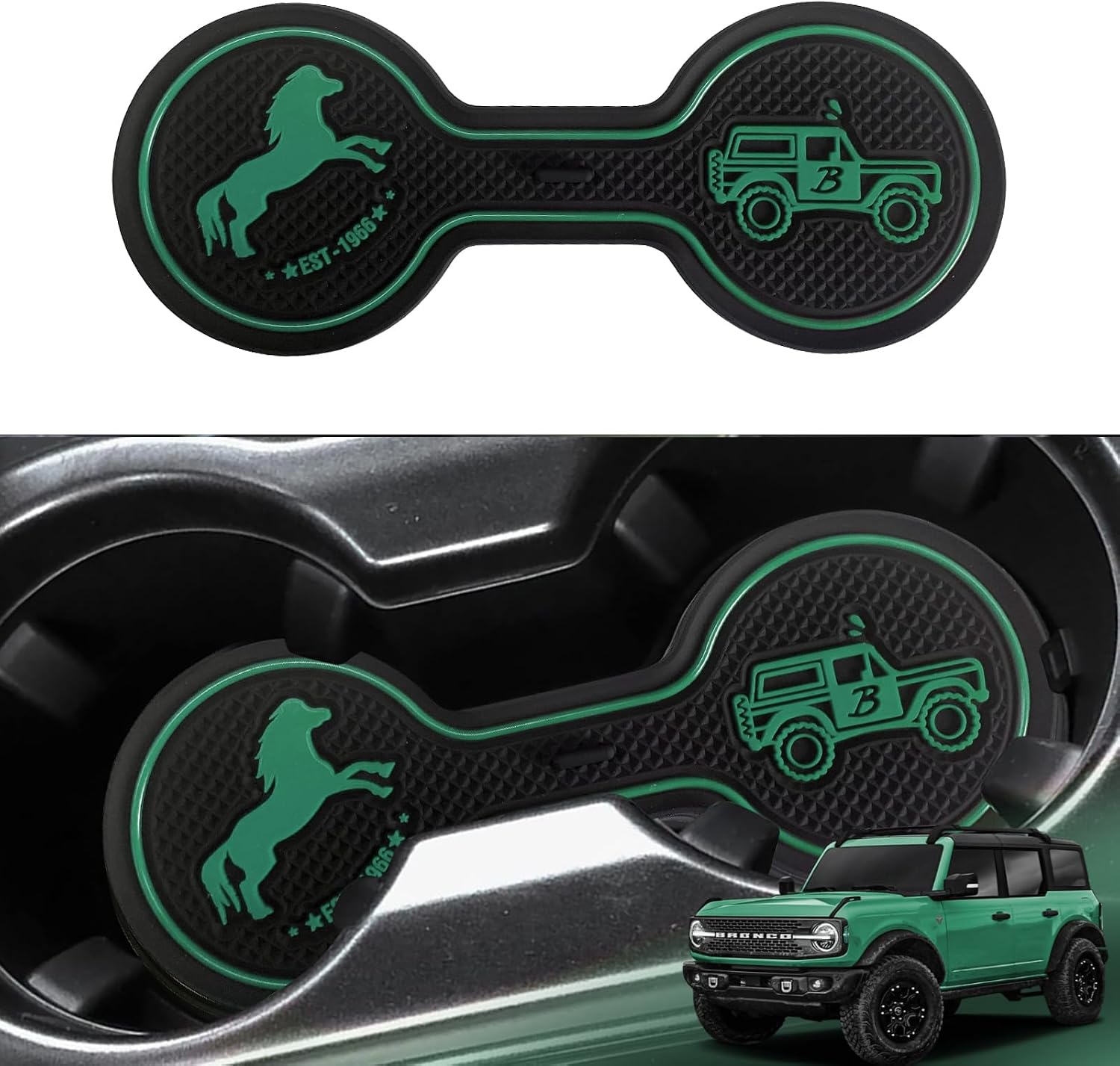 Car Cup Holder Coaster Compatible with Ford Bronco Offroad 2021-2025, Silicone Car Decorative Water Coaser, Bronco Car Accessories (Green) image 2