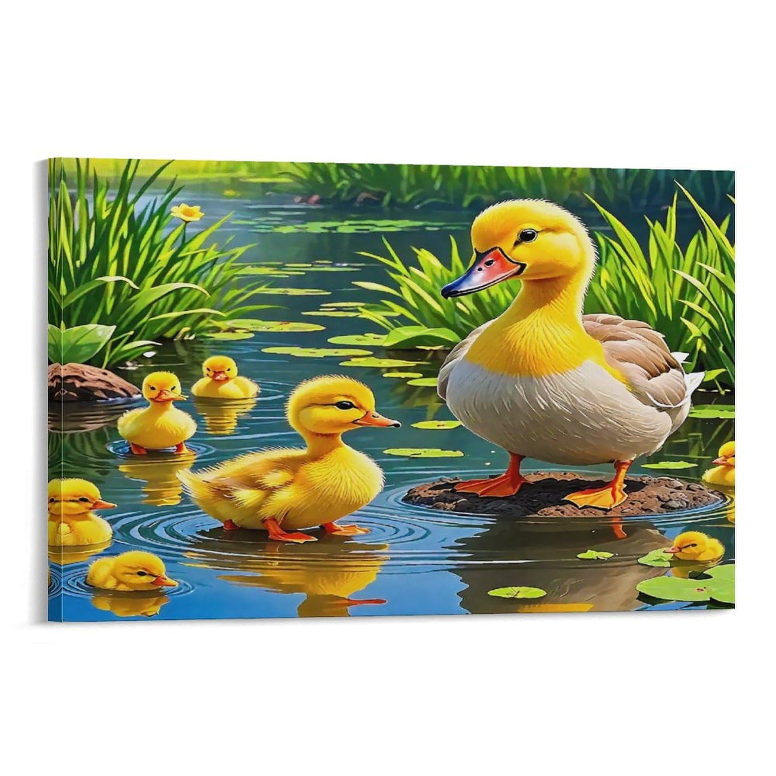 CPLVKWRQJ Cute Duckling Splashing Single Mother Duck Ducklings Lily Pad Stream Canvas Print - Office Wall Focal Art Fade Resistant Statement Piece Ready to Hang 16x24inch(40x60cm)