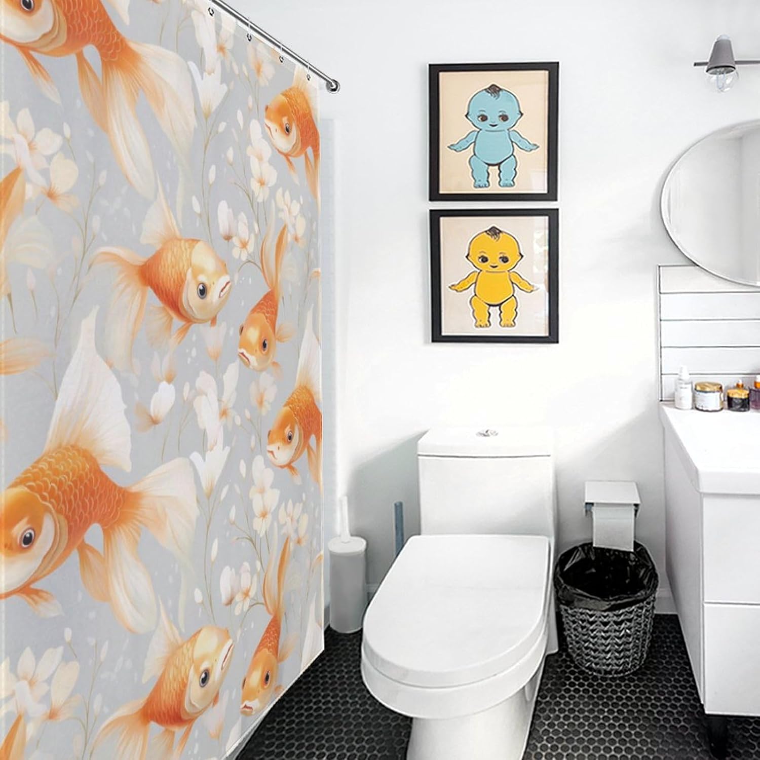 Japanese Fish with Bubble Eye Funny Shower Curtains Washable Bath Curtain Liner with Hooks for Bathroom Bath Tubs