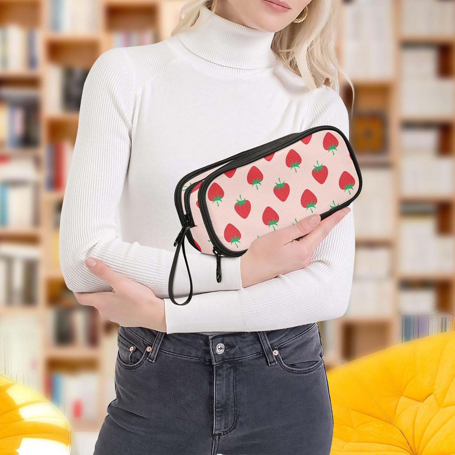 Pencil Case Big Capacity Strawberry Fruit Handheld 3 Compartments Pencil Pouch Portable Large Storage Canvas Pencil Bag for Boys Girls Adults Students - Image 7