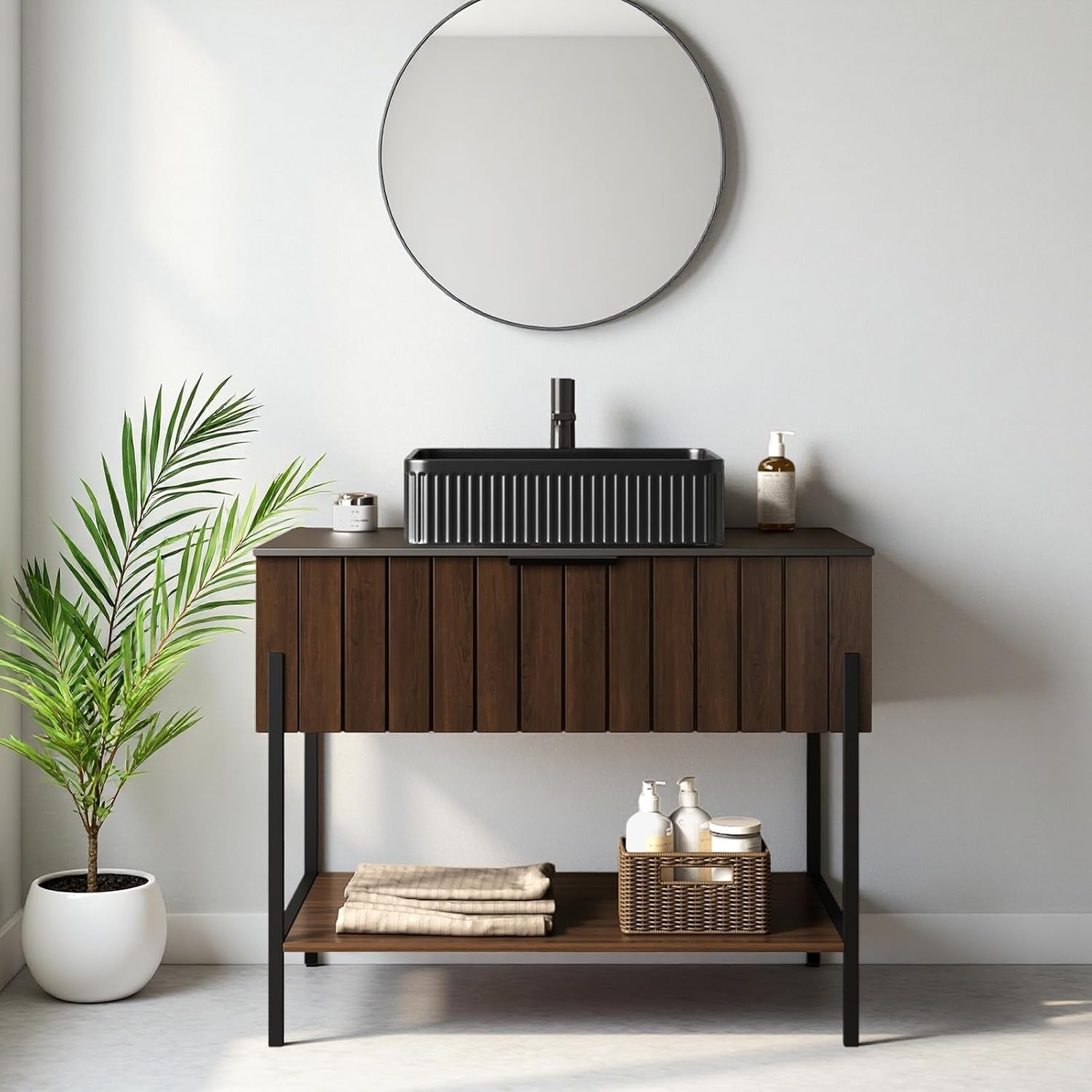 Ambrovina 36" Freestanding Bathroom Vanity with Single Sink, Modern Bathroom Storage Cabinet with Drawer and Open Shelf, White Rectangular Stripe Ceramic Above Counter Basin, Metal Legs, Dark Walnut