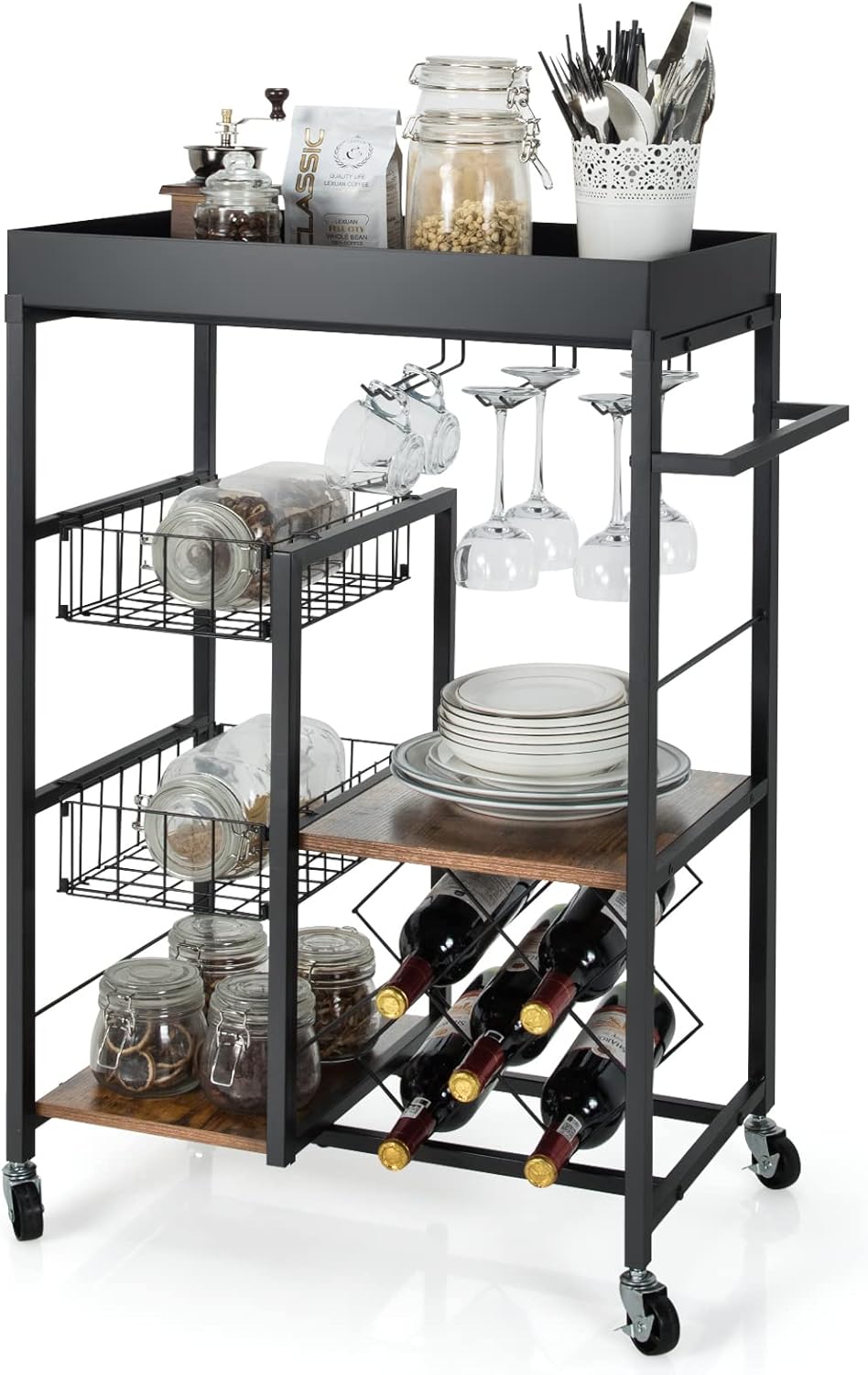 Giantex Kitchen Island Cart on Wheels, Mobile Bar Serving Cart,with Removable Top Tray, Wine Rack, Glass Holder, Industrial Wood and Metal Storage Islands Trolley (Industrial)