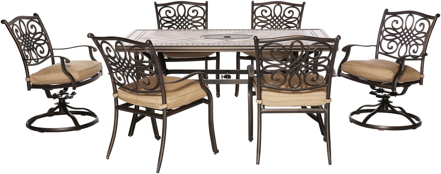 Hanover Monaco 7-Piece Aluminum Patio Dining Set with 4 Dining Chairs, 2 Swivel Rockers, Plush Tan Cushions and Porcelain Tile Rectangular Dining Table, Outdoor Dining Set for 6, All Weather Furniture