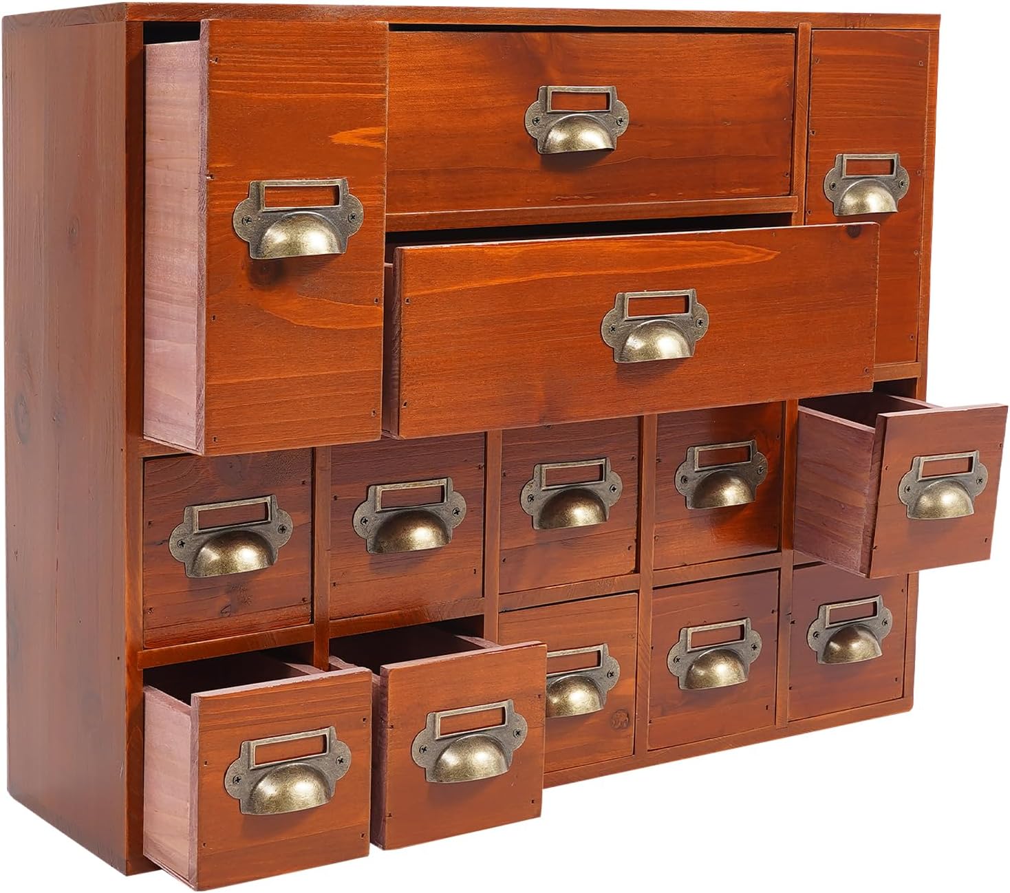 Vintage Wooden Storage Box Desk Office Organizer, 14 Drawer Storage Cabinet Small Library Card Catalog Cabinet For Jewelry Home, Ideal Home Office Organizers (Old Brown)