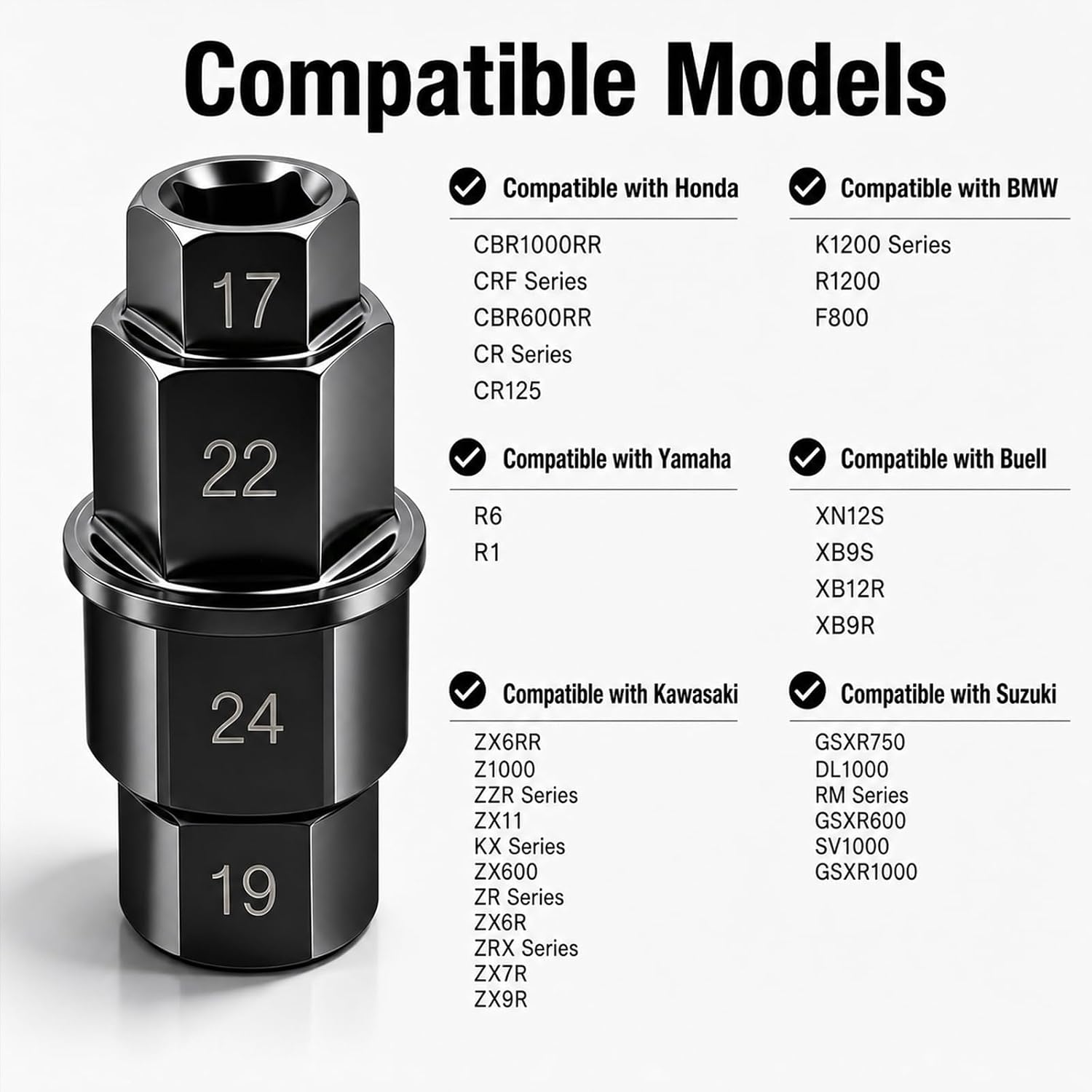4 in 1 Motorcycle Axle Tool,17mm/19mm/24mm/22mm Hex Socket for Fast Disassembly of Axles,Sturdy Motorcycle Accessories Compatible with BMW K1200 Series Suzuki GSXR750 Yamaha R6