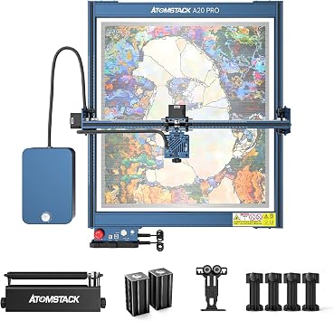 ATOMSTACK A20 Pro Laser Engraving Machine 130W, 20W Optical Power Laser Engraver Cutter with Twin-Cylinder F30 Pro Air Assist kit, R3 Pro Laser Rotation Roller, Engraving Area 400x400mm