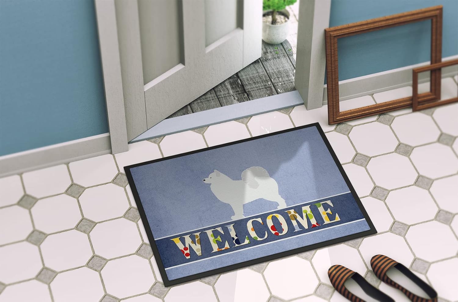 Caroline's Treasures BB5563JMAT Samoyed Welcome Doormat 24x36 Front Door Mat Indoor Outdoor Rugs for Entryway, Non Slip Washable Low Pile, 24H X 36W