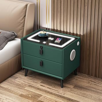 Smart Nightstand with Charging Station, Bedroom Side Table with Fingerprint Lock and Speaker, Modern Nightstand Side Table with LED Light, Living Room Side Table,Storage Drawers.,Green,2 draw
