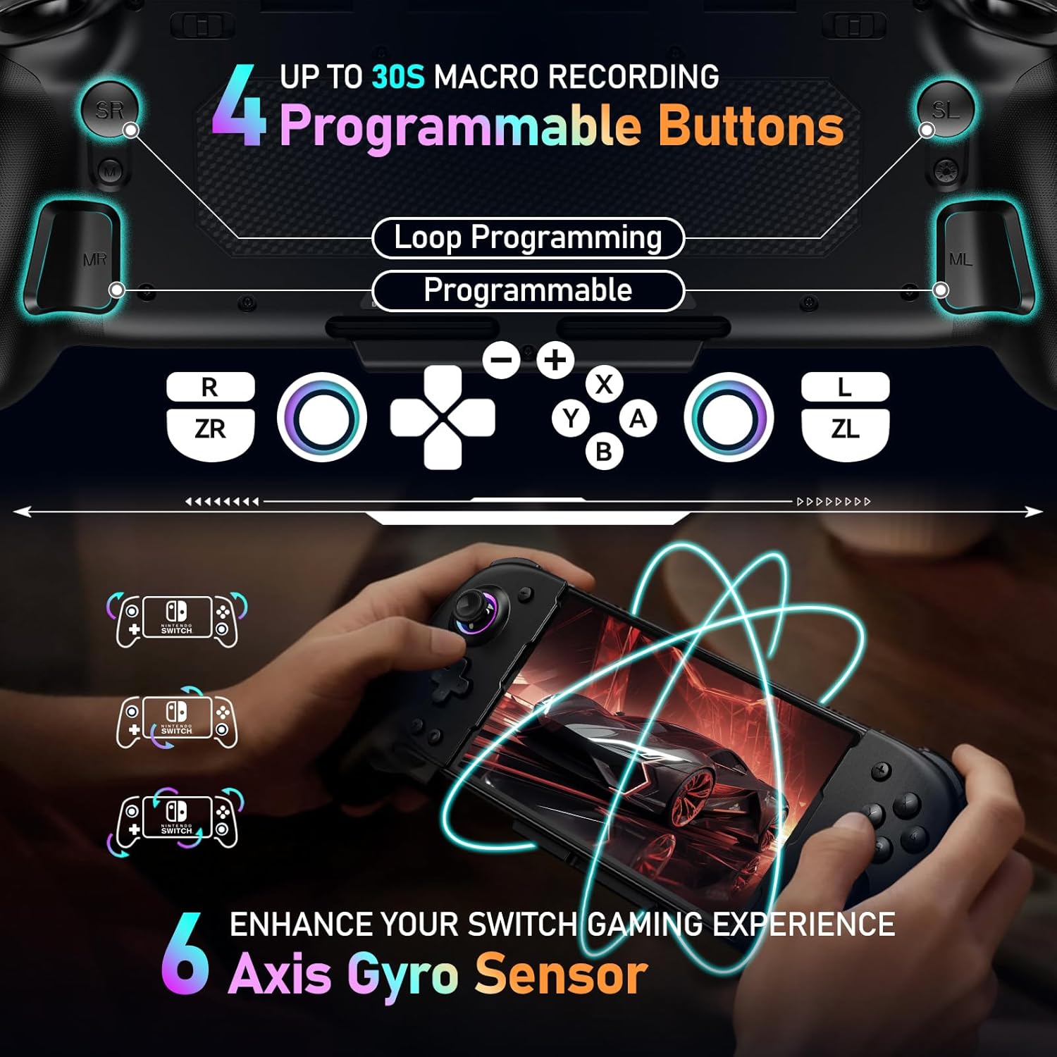 Wireless Switch Controller for Nintendo Switch 1/OLED, One-Piece Handheld Joypad Grip Switch Controller with Hall Effect Joysticks, 4 Looping Macro Buttons, 6-Axis Gyro, Vibration, Turbo, 1000mAh