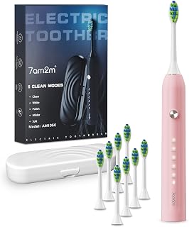 7AM2M Sonic Electric Toothbrush Pink: 8 Heads, Travel Case, 5 Modes, 90-Day Battery for Adults & Kids