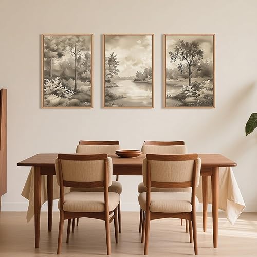 Miniatura 4 de Lienzo enmarcado de paisaje de árbol de acuarela, juego de arte para pared, paisaje retro de bosque natural, decoración de pared, decoración de