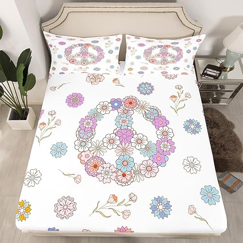 Miniatura 4 de Feelyou Juego de sábanas de flores hippie retro, juego de sábanas de arte hippie de la paz, decoración de la habitación, signo de la paz, obras de