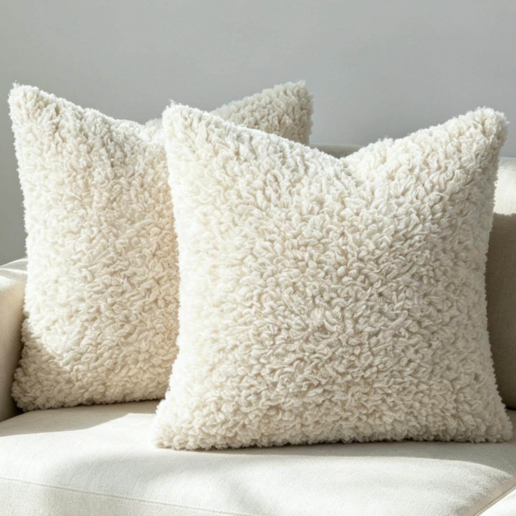 OYIMUA 2er Set Flauschig Deko Kissenbezug 45x45 Beige Kissenbezüge Weich Fell Sofakissen Moderne Dekokissen Quadratisch Pillow Cover Kunstpelz Plüschkissen Bouclé Zierkissenbezug
