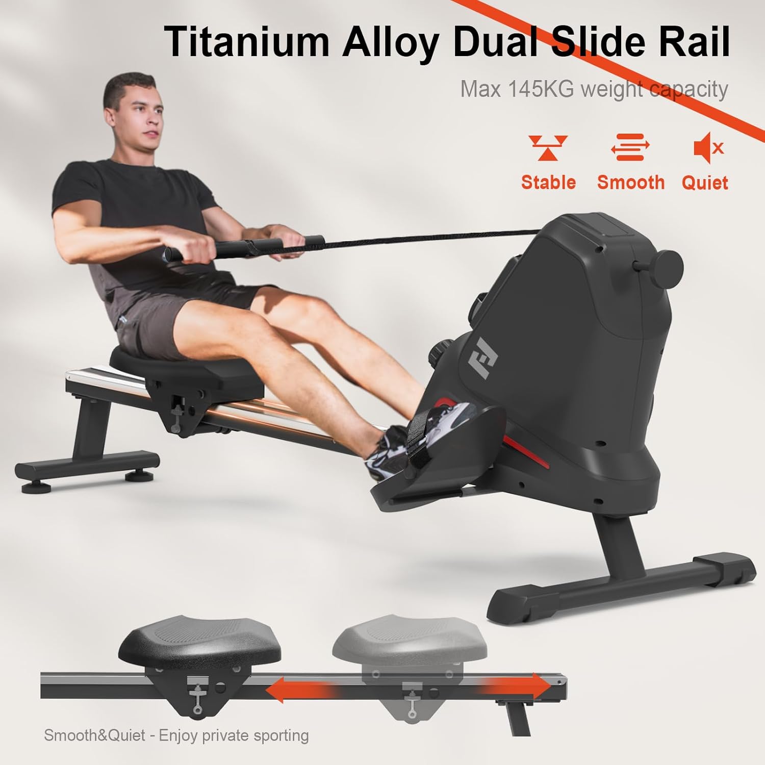 Diagram of NEEZEE Rowing Machine components including LCD monitor, handlebar, seat, slide rail, foot pedals, and transportation wheels.