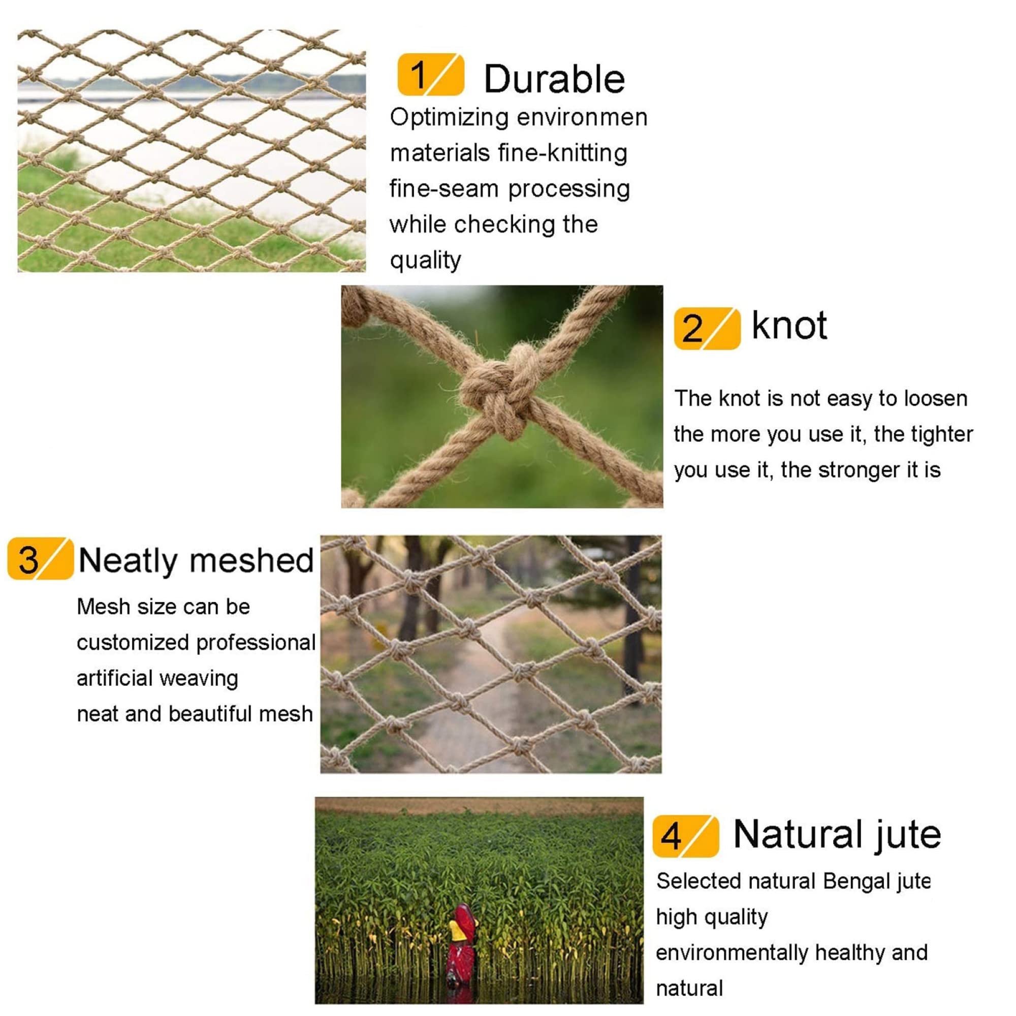 Robusta rete di sicurezza per laghetti, spessa corda di iuta, rete da arrampicata da 15 cm, protezione sicura contro le cadute per giochi all'aperto, soluzione di sicurezza ideale ed elemento