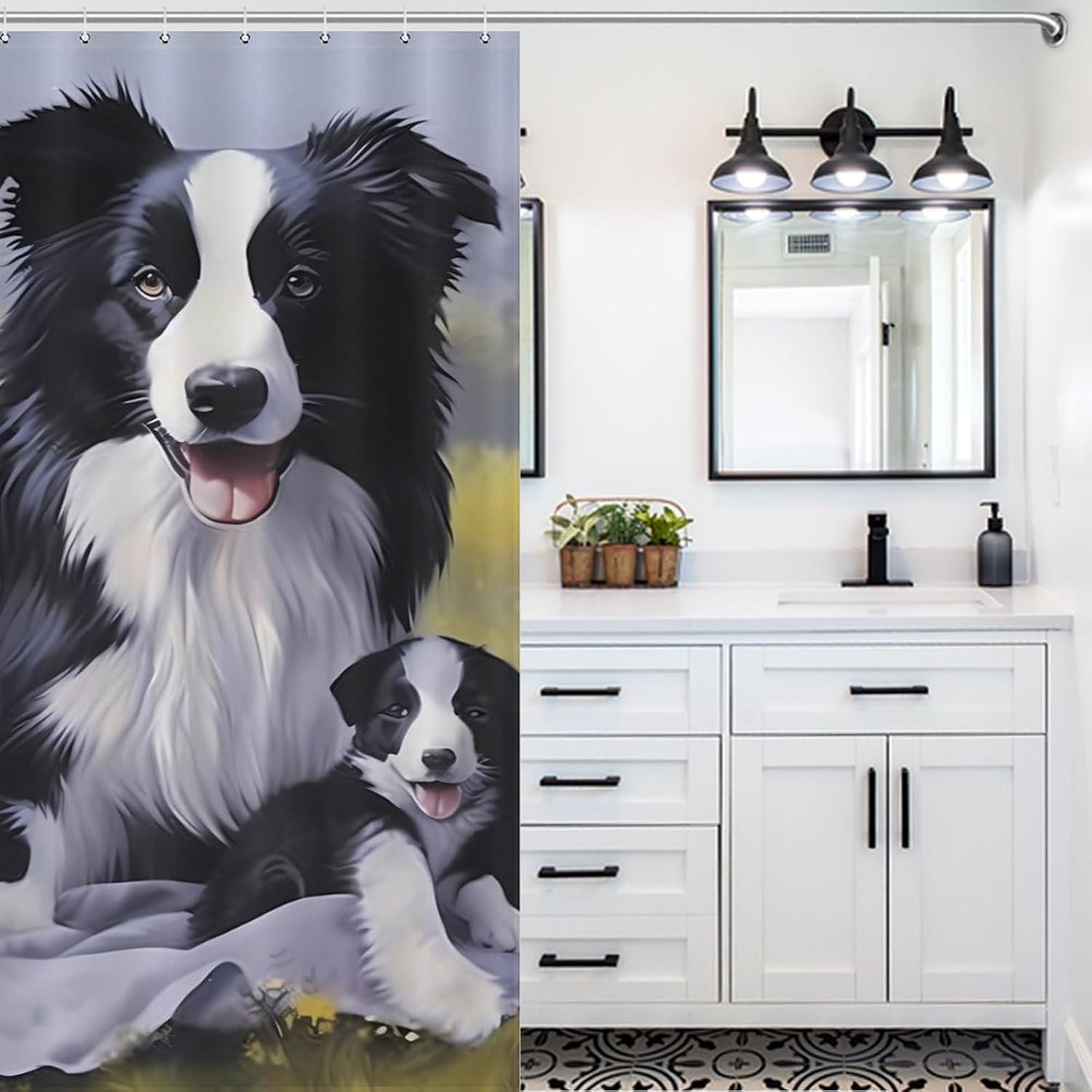 Border Collie Little Around Mama Funny Shower Curtains Washable Bath Curtain Liner with Hooks for Bathroom Bath Tubs