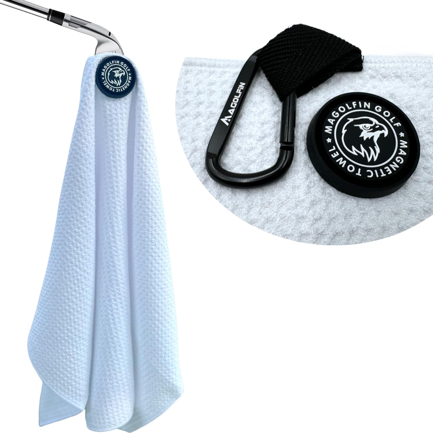 Magnetic Golf Towel with Clip, Microfiber Waffle Design - Industrial Strength Magnet for Strong Hold to Golf Bags, Carts & Clubs - White
