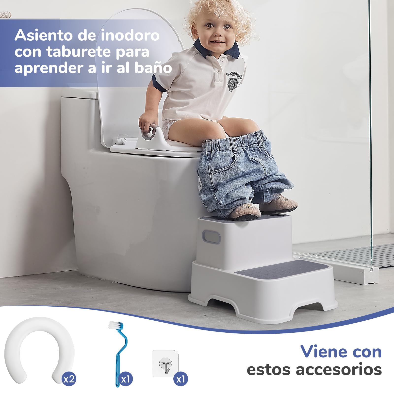 DEANIC Adaptador WC Niños con Escalon Infantil, Reductor WC Niños con 2 Almohadillas, Adaptador Baño para Niños con Escalon Peldaño, Bebe WC De 1 a 6 Años, 2 Cojines 1 Cepillo (Gris)