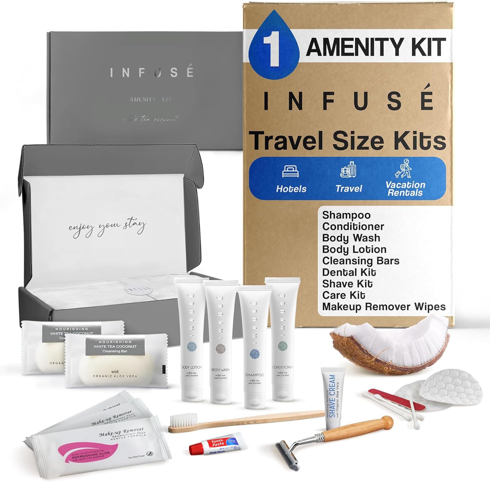 Infuse Amenity & Accessory Kit | 1 oz Travel Size Shampoo, Conditioner, Lotion, Body Wash, 2 Cleansing Bars, Shave & Dental Sets, Make-Up Remover Wipes, & Vanity Kit | 1 set per case