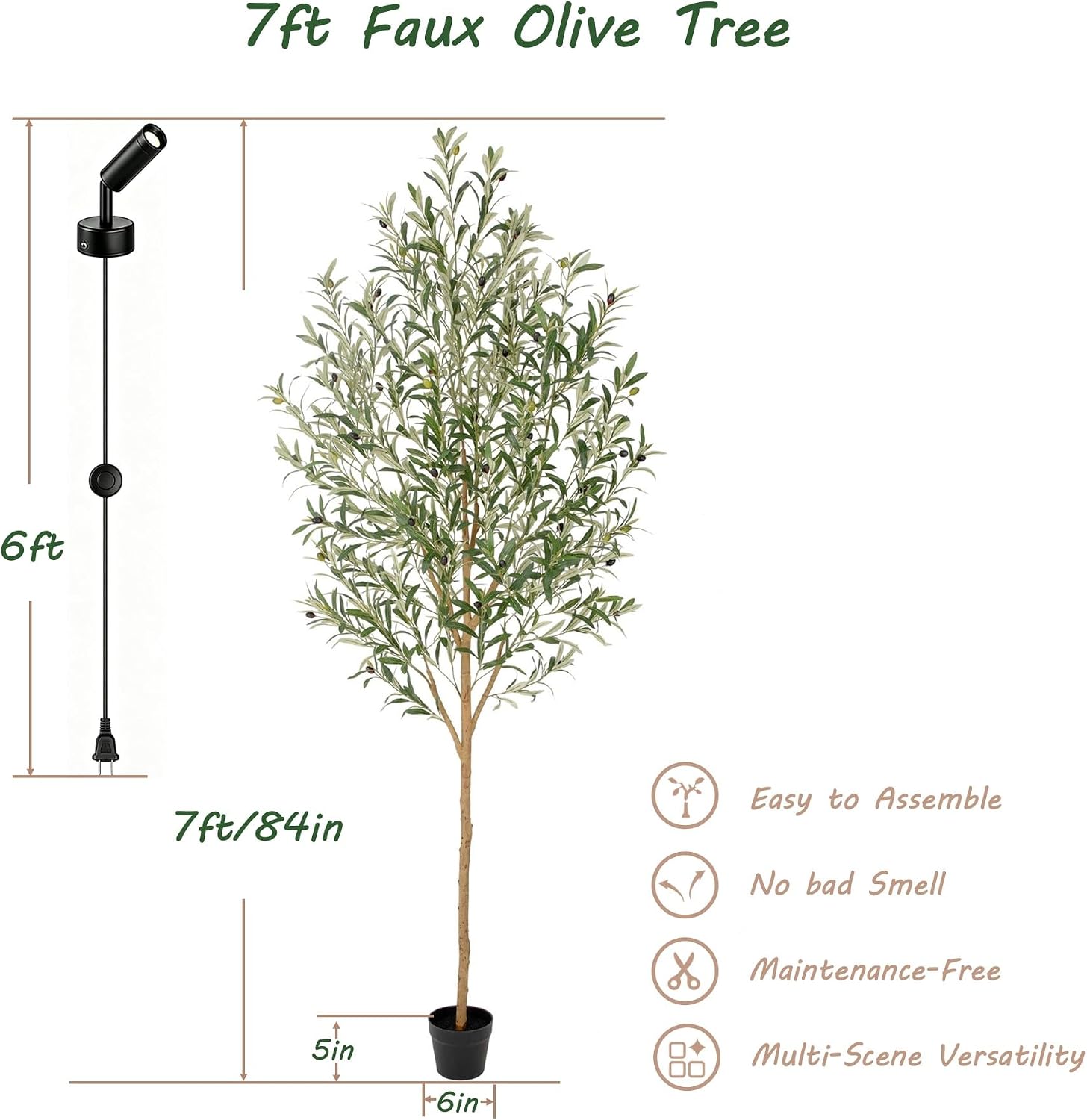 Bellacat 7ft Faux Olive Tree with Warm White Spotlight & Real Wood Trunk, 84in Artificial Olive Tree with Lifelike Fruits & Leaves, Fake Olive Tree Indoor for Living Room Bedroom Office Decor
