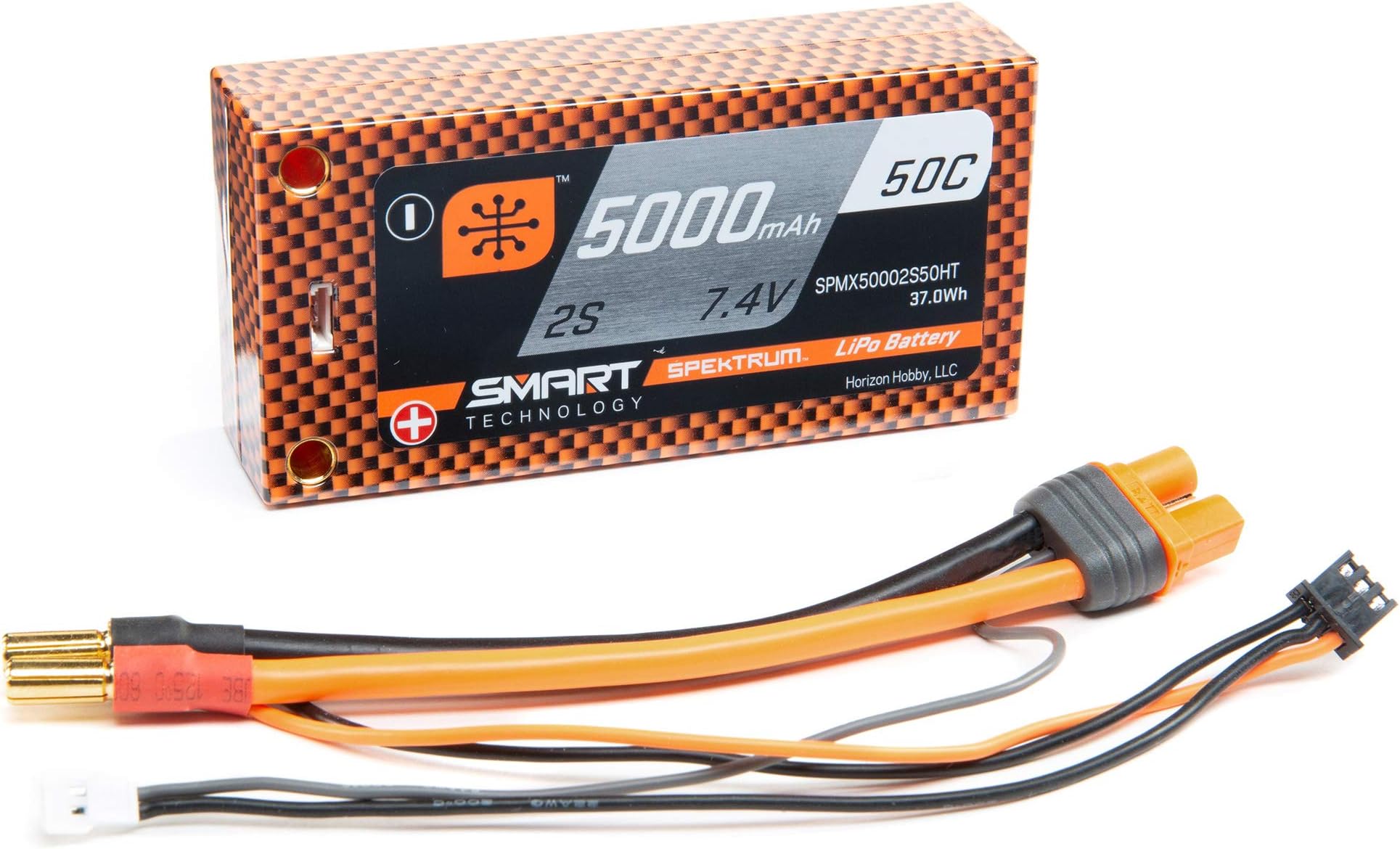 Spektrum 7.4V 5000mAh 2S 50C Smart Race Shorty Hardcase LiPo Battery: Tubes, 5mm, SPMX50002S50HT