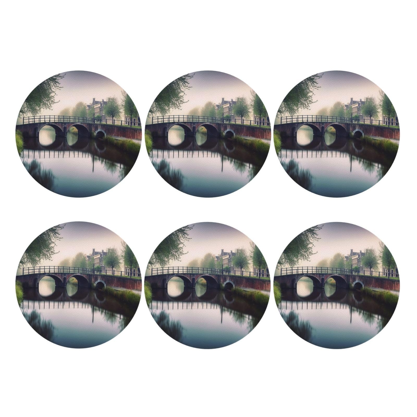 6pcs Leather Coasters for Drinks, Netherlands Landscape Bridge Drink Coasters for Tabletop Protection, 4" Cup Coasters for Coffee Table Decor, Non-Slip Drinking Cup Mat for Hot Or Cold Drink