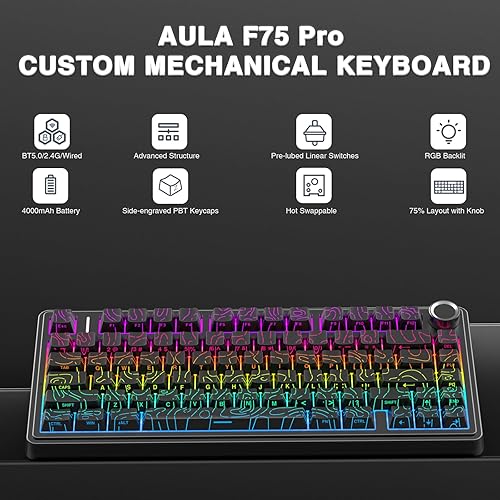Miniatura 2 de AULA Teclado mecánico inalámbrico F75 Pro con perilla, 75% teclados personalizados intercambiables en caliente, retroiluminación RGB, interruptores