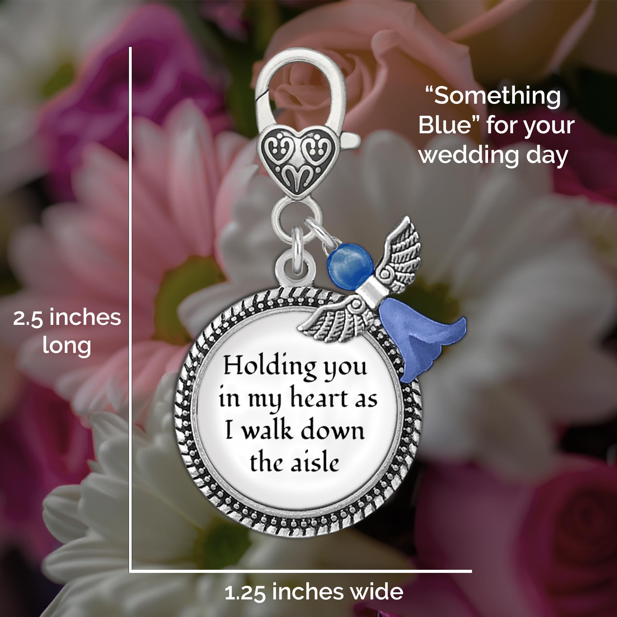 Coś niebieskiego anioła zawieszka dla panny młodej w dniu ślubu w moim sercu as I Walk Down the Aisle Clip Charm z niebieskim aniołem i pamiątkową frazą, niebieski, jeden rozmiar, Jeden rozmiar