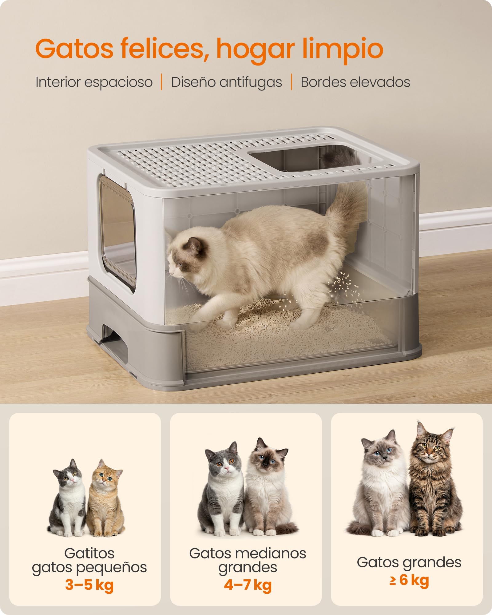 Feandrea Arenero para Gatos de Acero Inoxidable, Caja de Arena con Bandeja Extraíble, Pala, Cepillo, 2 Entradas, para Gatos de hasta 15 kg, Gris Claro y Gris Oscuro PPT004G101