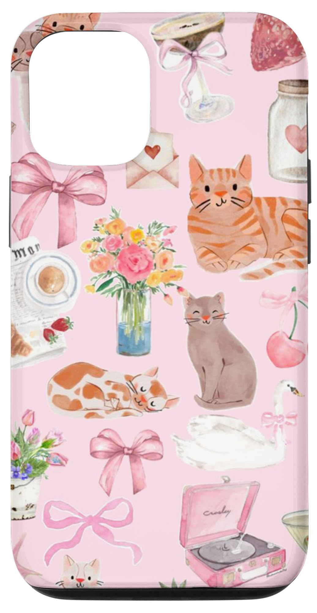 Pink Coquette Floral Ribbon Bow & Cute Kitten Cat Lover Case for iPhone 12/12 Pro