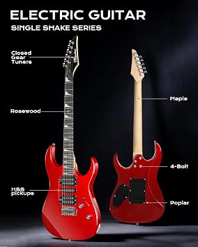 Bullfighter 39 Inch Electric guitar 4/4 Full Size, HSH Pickup, Guitar Electric for Beginners Starter Music Lover with 8 Accessories Guitar Bag, Strap, Picks, Tuner, Strings and Cable. MS-170 (Red)