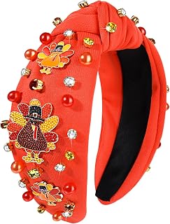 Thanksgiving Headband for Women Beaded Turkey Fall Headband Accessories Jeweled Pearl Rhinestone Knotted Headband Autumn Fall Thanksgiving Hair Accessory Outfits Holiday Gifts (Turkey 2)