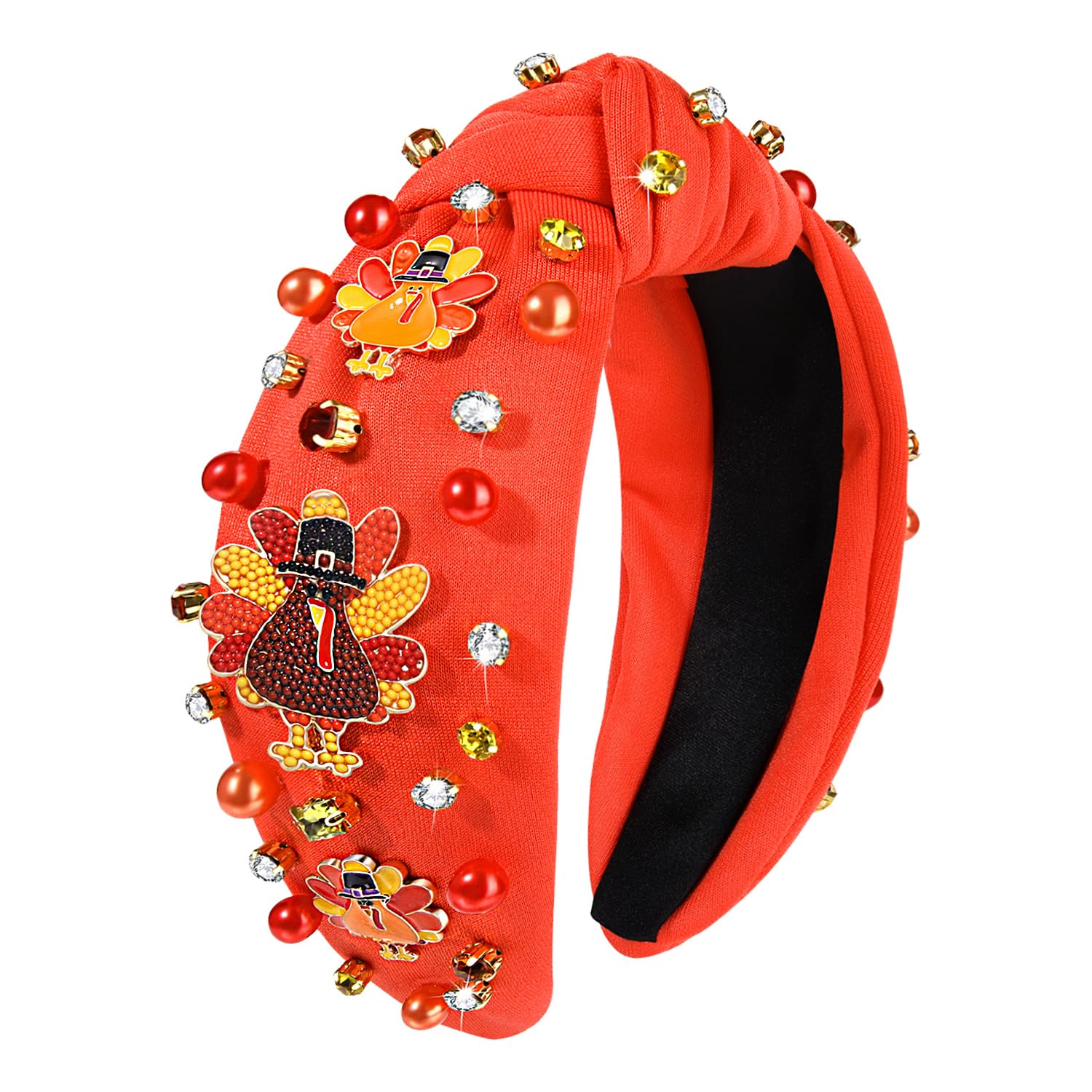 NVENF Thanksgiving Headband for Women Beaded Turkey Fall Headband Accessories Jeweled Pearl Rhinestone Knotted Hairband Autumn Fall Thanksgiving Hair