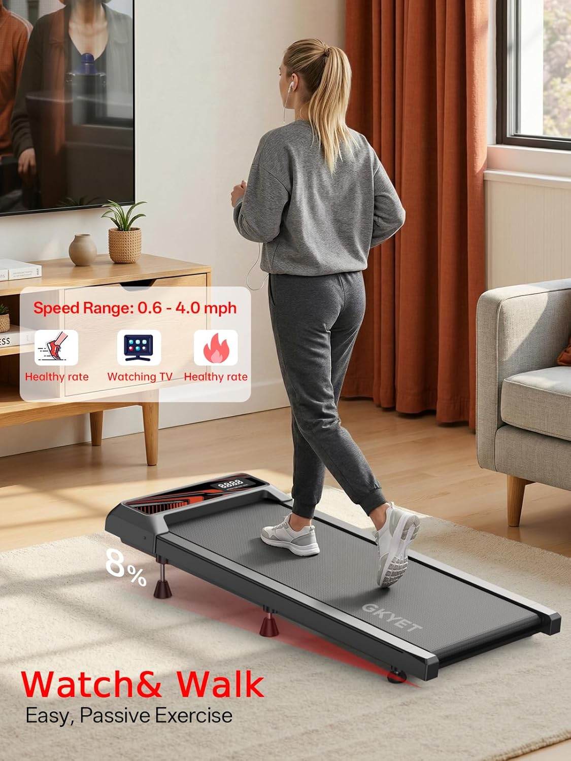 Walking Pad Treadmill with 8% Incline for Home, Under Desk Treadmill for Home Office, 2.5HP Quiet Portable Walking Mat, 265 lbs Capacity, Compact Treadmill for Small Spaces with 15" x 35.4" Belt