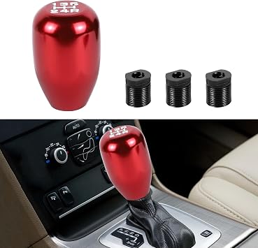 Car Gear Shift Knob, 5 Speed Non-Slip Manual Gear Stick Shift Knob, Aluminum Shift Knob Head with 3 Threaded Adapters, Universal Accessories for Cars, Trucks, SUVs, Sedans Red