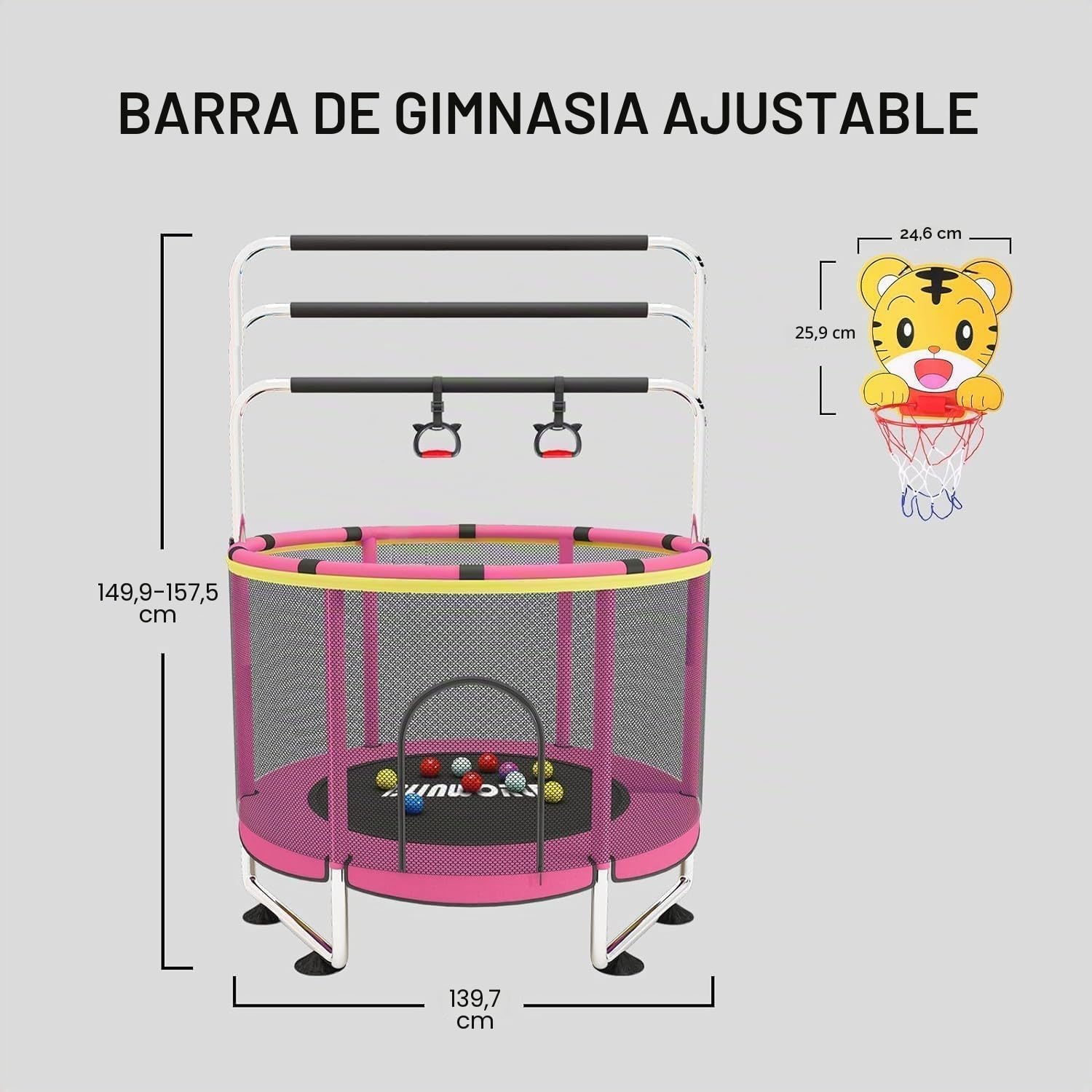 Cama elástica infantil para interior y exterior – Trampolín de 140 cm con red, barra de gimnasia, cesta y juguetes para niños y niñas hasta 200 kg